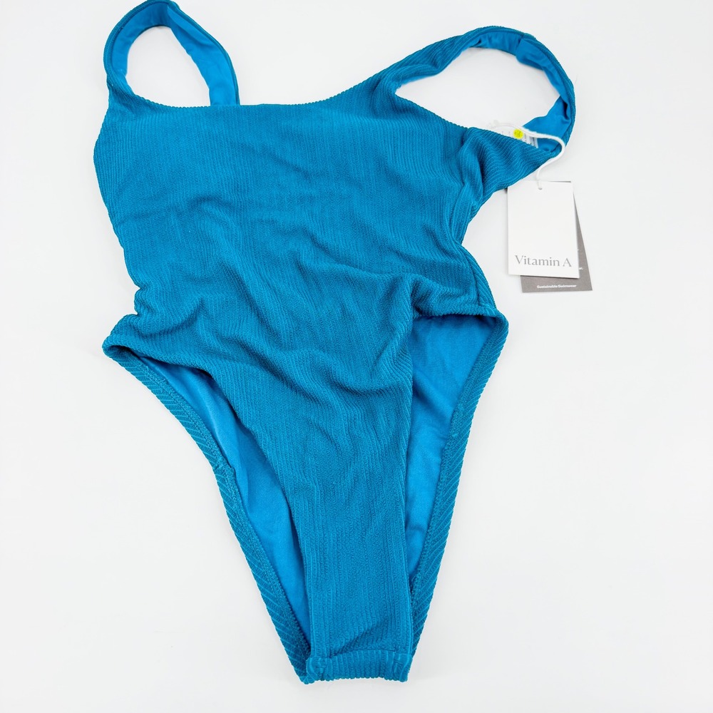 Vitamin A Sustainable Ribbed One Piece Swimsuit Teal Blue XS Scoop Neck Low Back